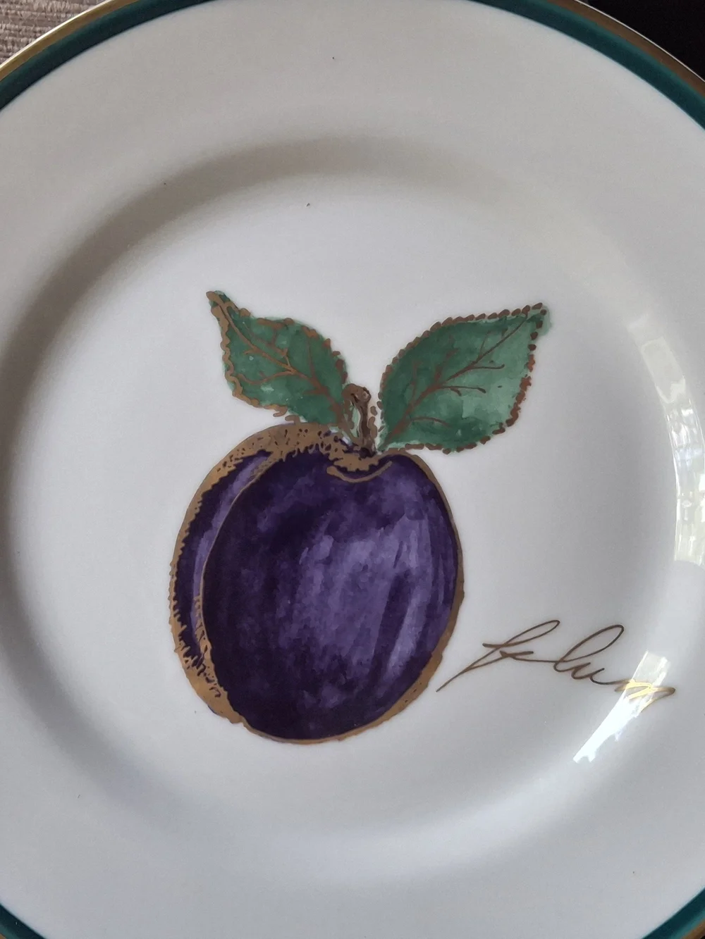 Crate&Barrel Fruit Motif Plates with Green and Gold Trim